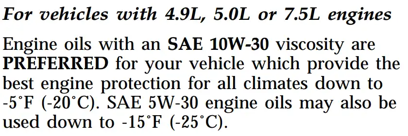 1996 Ford F350 4.9L, 5.0L, 7.5L Oil Type - Capacity, and Filters Chart - Owner's Manual