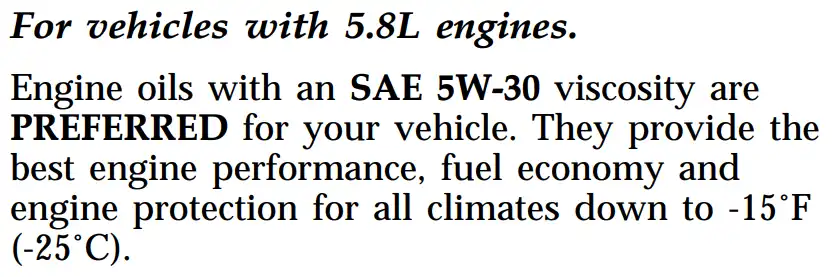 1996 Ford F350 5.8L Oil Type - Capacity, and Filters Chart - Owner's Manual