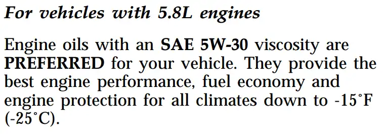 1997 Ford F350 5.8L Oil Type - Capacity, and Filters Chart - Owner's Manual