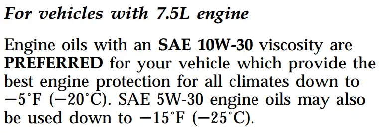 1997 Ford F350 7.5L Oil Type - Capacity, and Filters Chart - Owner's Manual