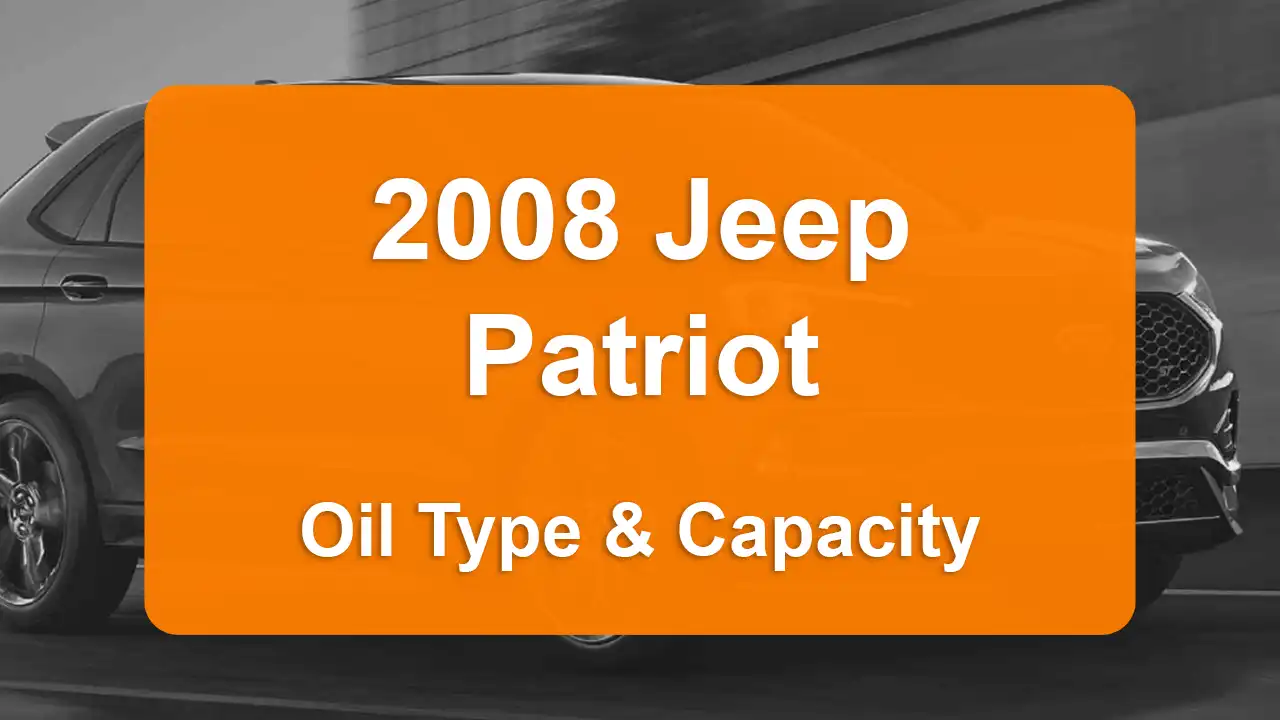 2008 Jeep Patriot Oil Guide - Capacities & Types for Engines 2.0L L4 Gas and 2.4L L4 Gas with Oil Capacity: 4.5 quarts & 4.5 quarts Oil Types: SAE 5W-20 & SAE 5W-20 - Oil Filters: & Mopar 4892339AA.