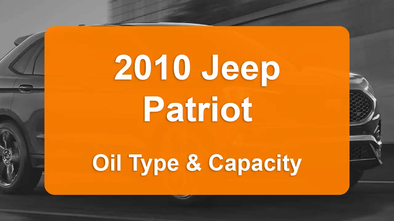 2010 Jeep Patriot Oil Guide - Capacities & Types for Engines 2.0L L4 Gas and 2.4L L4 Gas with Oil Capacity: 4.5 quarts & 4.5 quarts Oil Types: SAE 5W-20 & SAE 5W-20 - Oil Filters: & Mopar 4892339AA.