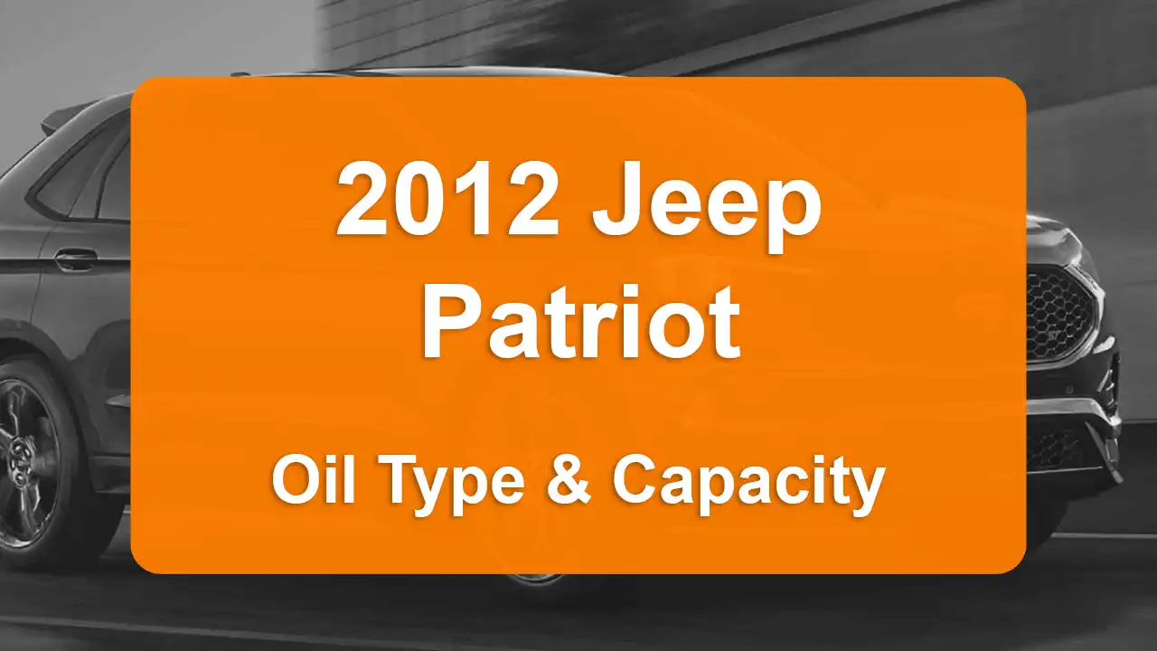 2012 Jeep Patriot Oil Guide - Capacities & Types for Engines 2.0L L4 Gas and 2.4L L4 Gas with Oil Capacity: 4.5 quarts & 4.5 quarts Oil Types: SAE 5W-20 & SAE 5W-20 - Oil Filters: & Mopar 4892339AA.