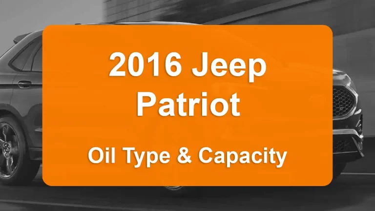 2016 Jeep Patriot Oil Guide - Capacities & Types for Engines 2.0L L4 Gas and 2.4L L4 Gas with Oil Capacity: 4.5 quarts & 4.5 quarts Oil Types: SAE 5W-20 & SAE 5W-20 - Oil Filters: & Mopar 4892339AA.