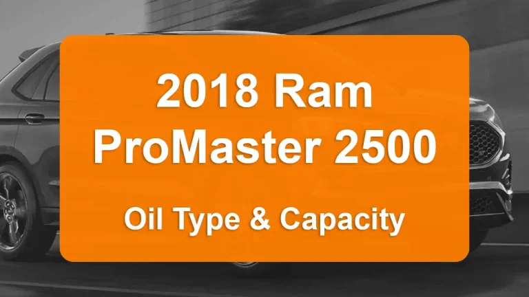 2018 Ram ProMaster 2500 Oil Guide - Capacities & Types for Engines 3.0L L4 Diesel and 3.6L V6 Flex with Oil Capacity: 9.5 quarts & 5.9 quarts Oil Types: SAE 5W-30 & SAE 5W-20 - Oil Filters: & Mopar 68191349AC.